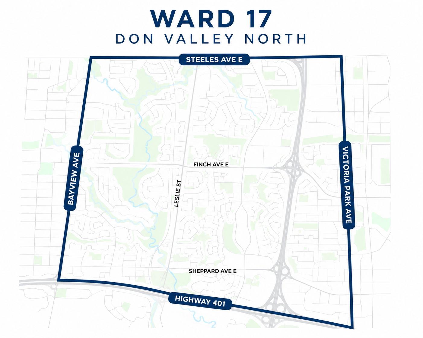 Simplified map of Ward 17 Don Valley North showing Steeles Avenue East, Bayview Avenue, Highway 401 and Victoria Park Avenue as the ward boundaries